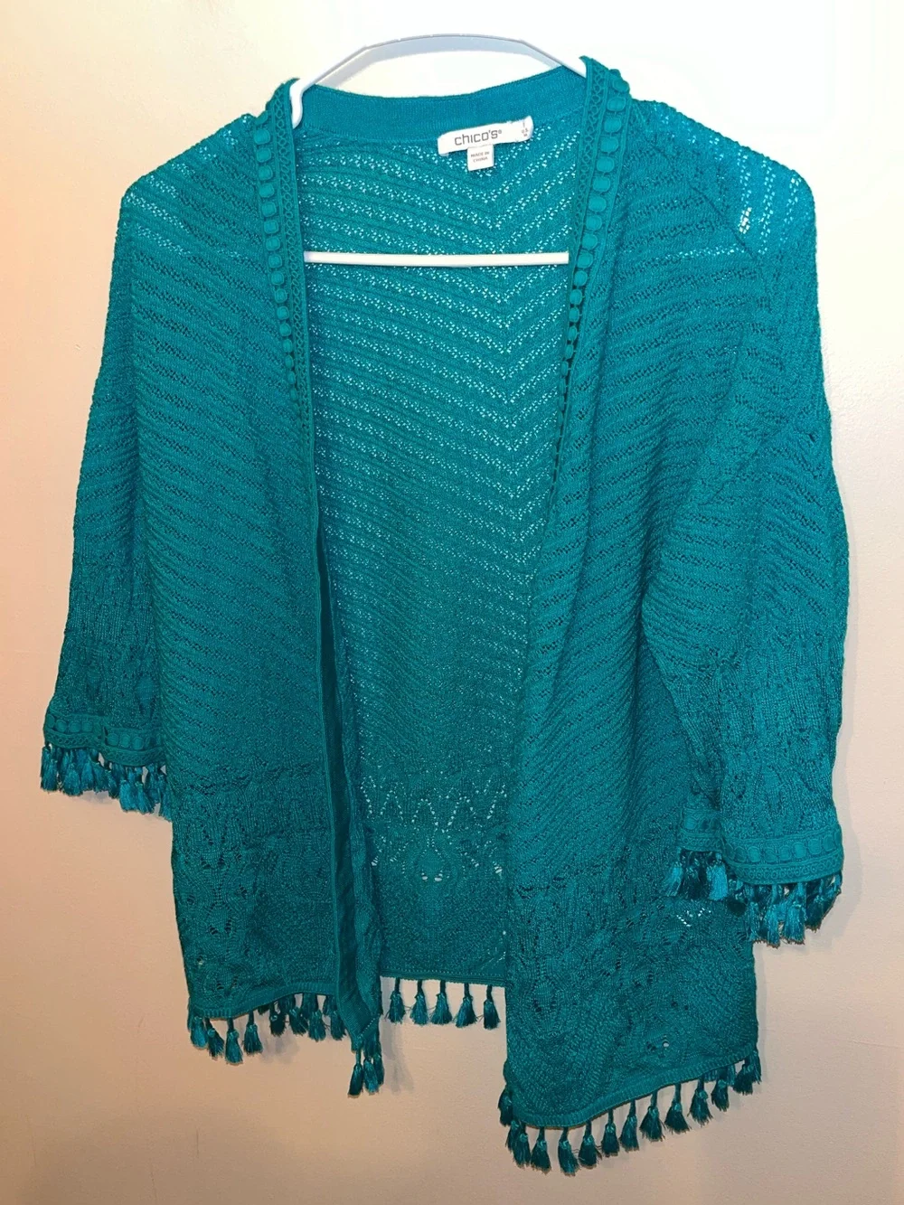Chicos Womens Teal Long Sleeve Open Front Knit Cardigan Tassel Trim Size 1 M EUC